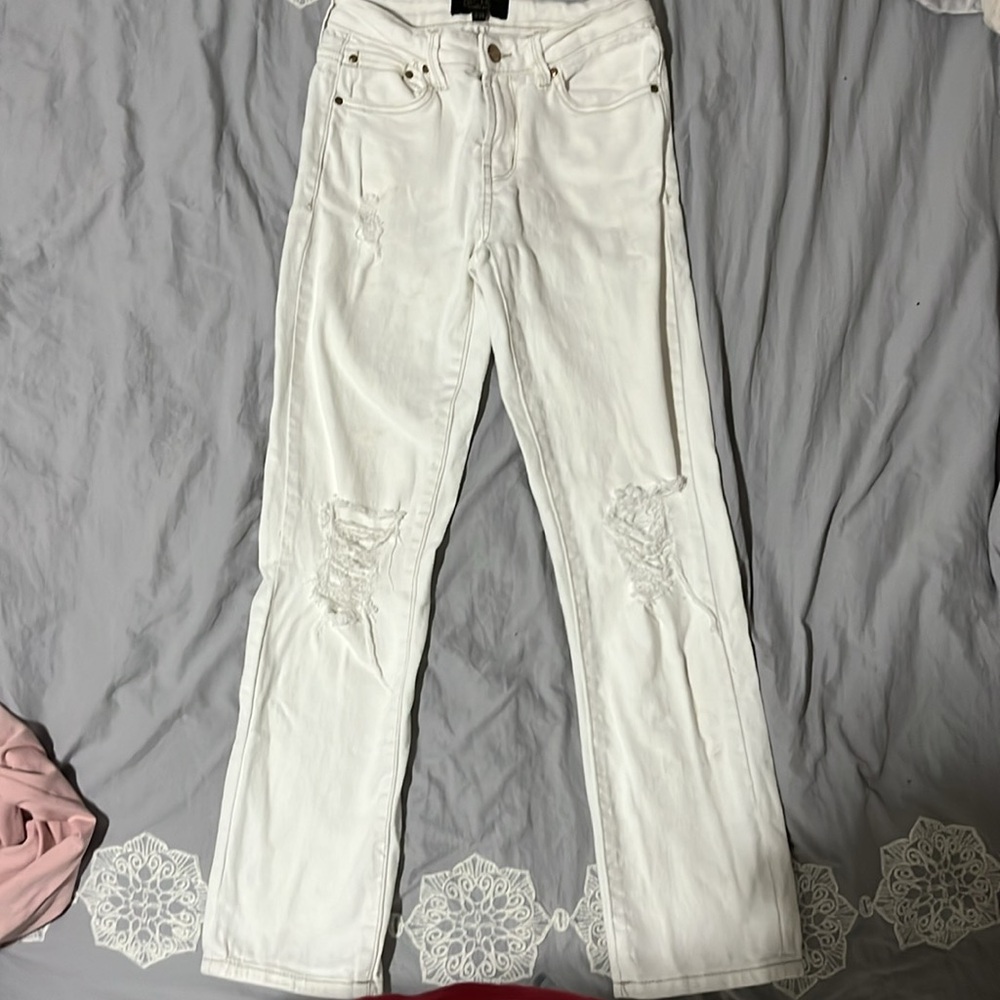 Rachel Roy ripped brown threaded white jeans